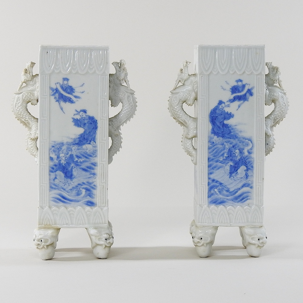 A pair of early 20th century Chinese blue and white porcelain vases, of square shape,