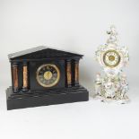 A continental porcelain figural mantel clock, 39cm high, together with a black slate mantel clock,