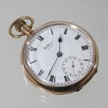 An early 20th century Waltham 9 carat gold cased open faced pocket watch, with a signed enamel dial,
