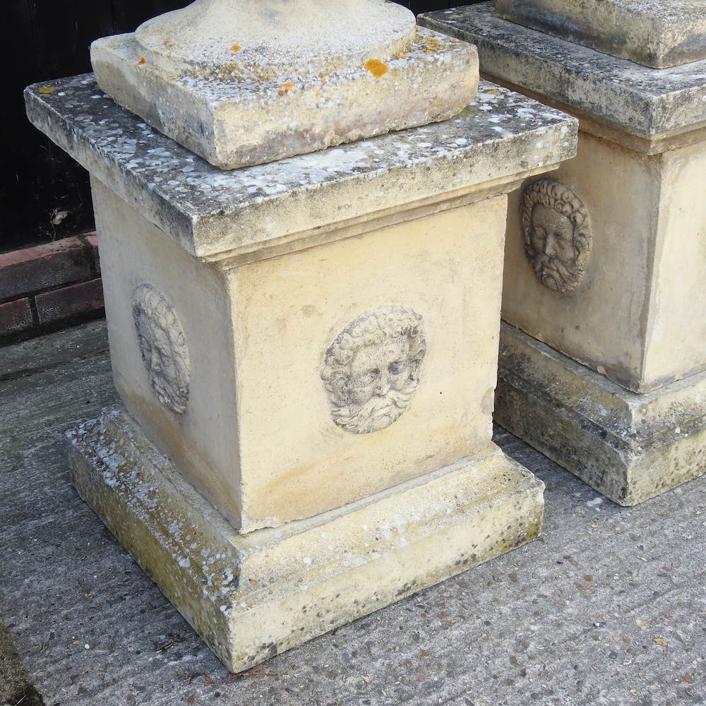 A pair of large reconstituted stone garden urns, each of campana shape, - Image 3 of 16