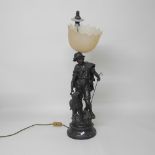 A French bronzed figural table lamp, in the form of a shepherd boy, after Moureau,