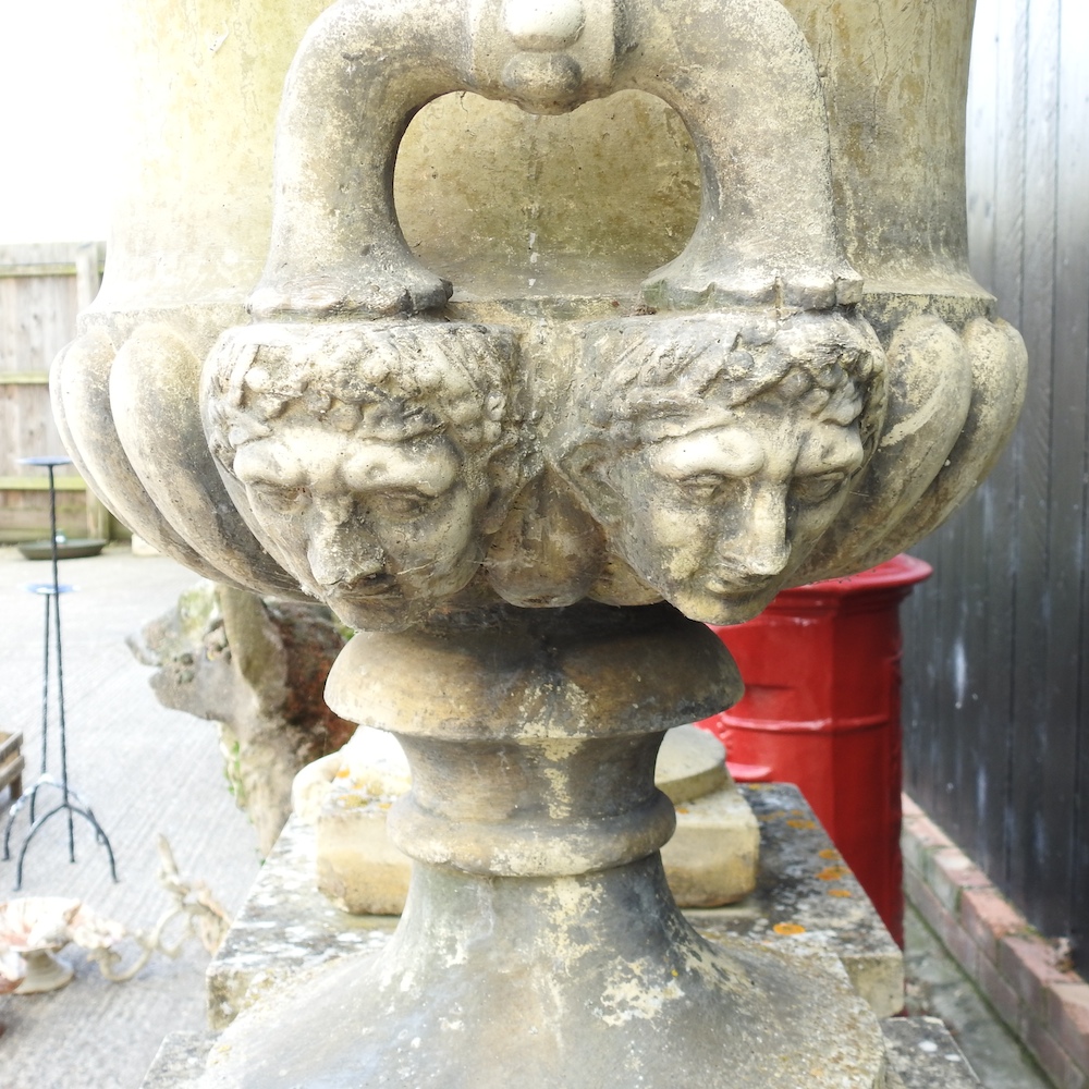 A pair of large reconstituted stone garden urns, each of campana shape, - Image 14 of 16