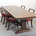 A hardwood refectory table, on a stretcher base and scrolled supports, 244 x 92cm,