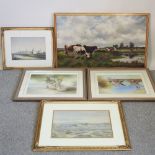 A collection of pictures and prints, to include a needlework in a maple frame,