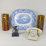A 19th century Staffordshire blue and white meat plate, together with a pair of bamboo effect vases,
