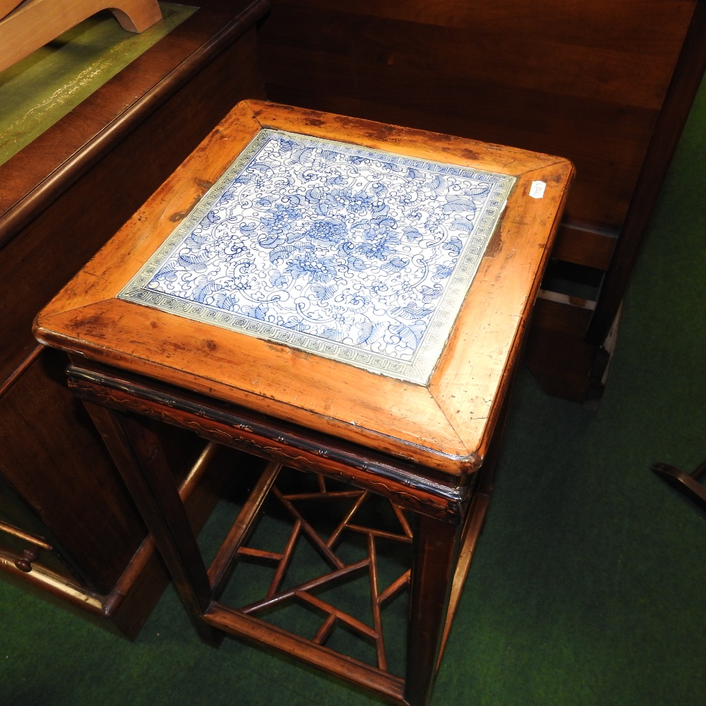 A 20th century Chinese stand, with a blue and white glazed tile top, - Image 3 of 6