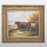 English school, early 20th century, long horned bull in a landscape, oil on canvas,