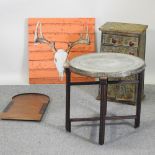 A painted metal chest, 41cm, together with a tin, a cribbage board, an Indian brass tray top table,