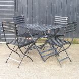 A black painted folding metal garden table, 86 x 86cm,