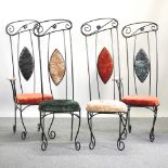 A set of four unusual wrought iron high back dining chairs,