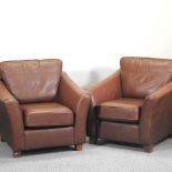 A pair of brown leather upholstered armchairs,