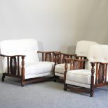 A 1920's cream upholstered single cane bergere three piece suite, to include a sofa, 106cm,