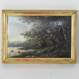 English school, 19th century, miniature, wooded river landscape, oil on board, 10 x 15cm,