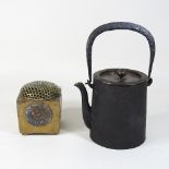 A modern Japanese iron teapot, together with a reproduction bronze censer,