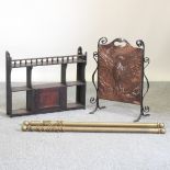 A brass fire screen, together with a wall shelf and two short curtain poles,