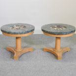 A pair of unusual Eastern specimen hardstone and marble top circular occasional tables,