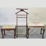 A footstool on cabriole legs, together with another similar and a valet stand,