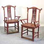 A pair of Chinese red painted throne chairs,