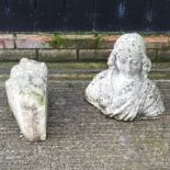 A reconstituted stone merchant's head corbel, together with a bust,
