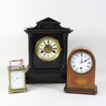 An early 20th century brass cased carriage clock, 10cm, together with an Edwardian mantel clock,