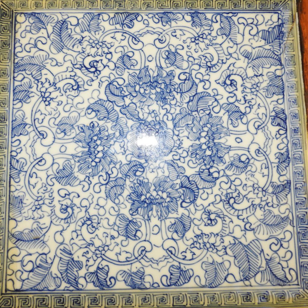 A 20th century Chinese stand, with a blue and white glazed tile top, - Image 2 of 6