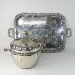 A plated pot with a lid, together with a large plated tray,