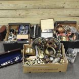 Six boxes of silver plated items and metalwares, to include a modern chess set,