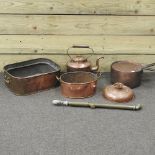 A collection of copper and metalwares, to include a brass pump and a copper saucepan,