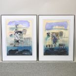 James Hartley, 20th century, Tennis, signed, mixed media, 64 x 52cm, together with another,