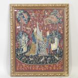 A tapestry of a medieval scene, 70 x 53cm, in a gilt frame, together with a print of a young girl,