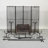A cast iron fire grate, 45cm, together with a pair of fire dogs, another pair, meat hook,