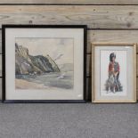 G Tracey-Robinson, a soldier, signed watercolour, 29 x 18cm, together with Ward, coastal landscape,