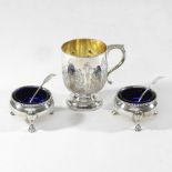 A pair of Victorian silver salts, with blue glass liners, London 1867,