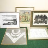 A collection of pictures and prints, to include Lydia Roondell, castle, signed, watercolour,
