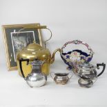 Withdrawn - A large brass kettle, 44cm high, together with a silver plated teaset,