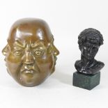 A modern bronze bust of a roman, on a marble base, together with a brass four face Buddha,