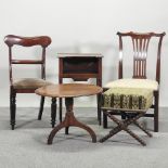 A Victorian X frame bobbin turned footstool, together with a bedside cabinet,