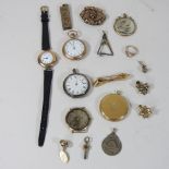A 14 carat gold cased ladies wristwatch, on a black leather strap, together with various watches,