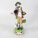 An early 19th century Derby porcelain figure of an 18th century style gentleman, on a scrolled base,