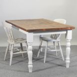 A pine and white painted dining table, 152 x 92cm,
