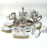 A shelf of silver and plated items, to include a silver mug, a silver sucrier,