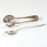 A pair of early 20th century sterling silver tongs, having a pierced bowl and claw, 17cm long,