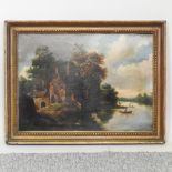 Dutch school, 19th century, a wooded river landscape with figures fishing and shooting,