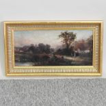 Tom Seymour, 1844-1904, a river landscape with figures by a bridge, signed, oil on board,