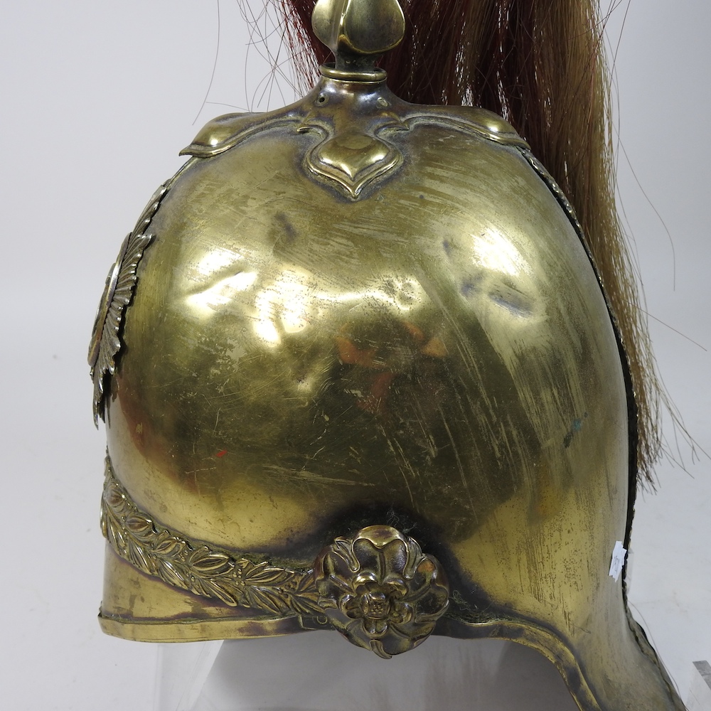 A Victorian 5th (Princess Charlotte of Wales's) Dragoon Guard's brass parade helmet, with plume, - Image 12 of 21