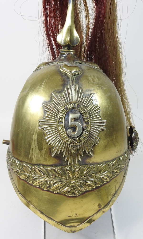 A Victorian 5th (Princess Charlotte of Wales's) Dragoon Guard's brass parade helmet, with plume, - Image 4 of 21