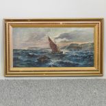 A L Dogely, late 19th century, seascape with a dinghy and a yacht off a rocky coast, signed,