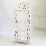 A white painted metal folding baker's shelf, with floral decoration,