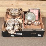 Two boxes of silver plated items, to include trays, a serving dish,