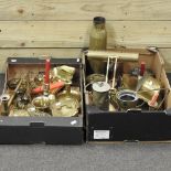 Two boxes of 19th century and later brass and metalwares, to include Dutch brass wall sconces,